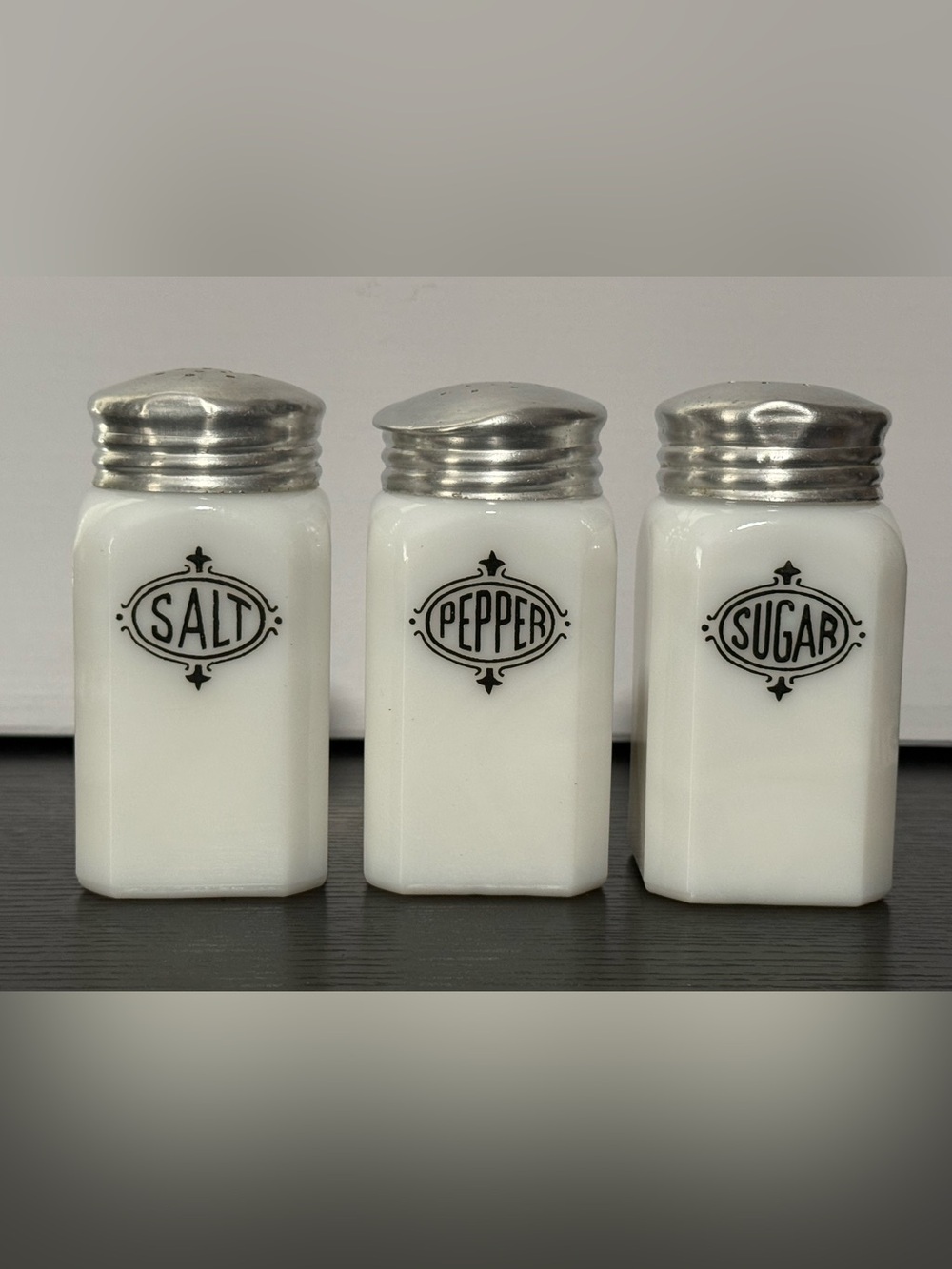 Vintage Set of (3) Salt, Pepper & Sugar Hazel-Atlas Milk Glass Shakers with Tops